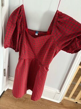 Old Navy Red Plaid Puff-Sleeve Mini Dress